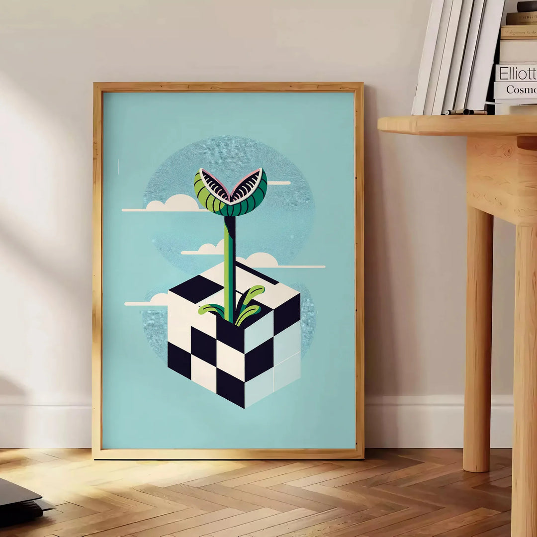 Ilustración de plantas carnívoras en un estilo botánico con tonos gris oscuro - junto a una mesa auxiliar redonda de madera con libros
