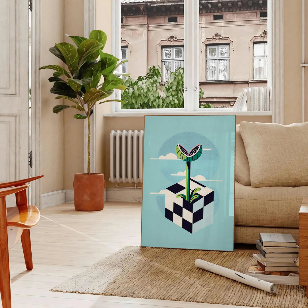 Ilustración de plantas carnívoras en un estilo botánico con tonos gris oscuro - en un salón parisino con sofá y un ficus