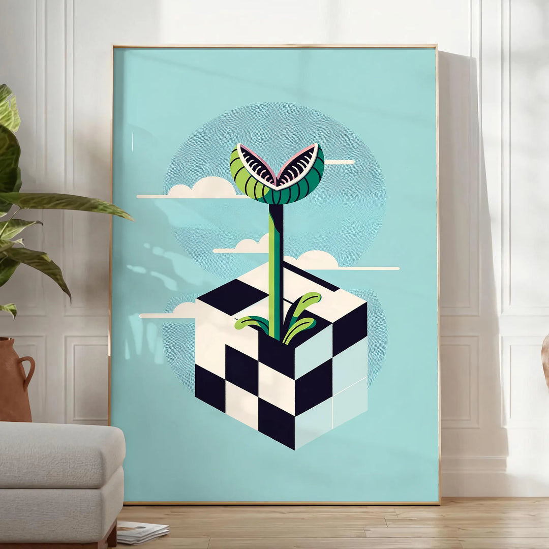 Ilustración de plantas carnívoras en un estilo botánico con tonos gris oscuro - en una habitación luminosa y minimalista con planta y sillón