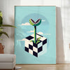 Ilustración de plantas carnívoras en un estilo botánico con tonos gris oscuro - en una habitación luminosa y minimalista con planta y sillón