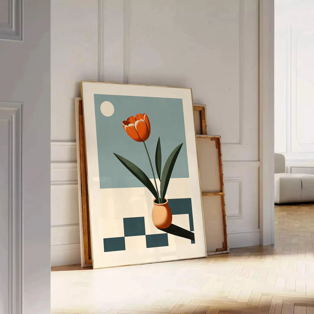 Una ilustración botánica con flores naranjas y verdes sobre un fondo claro - apoyado en un suelo de espiga contra una pared de molduras