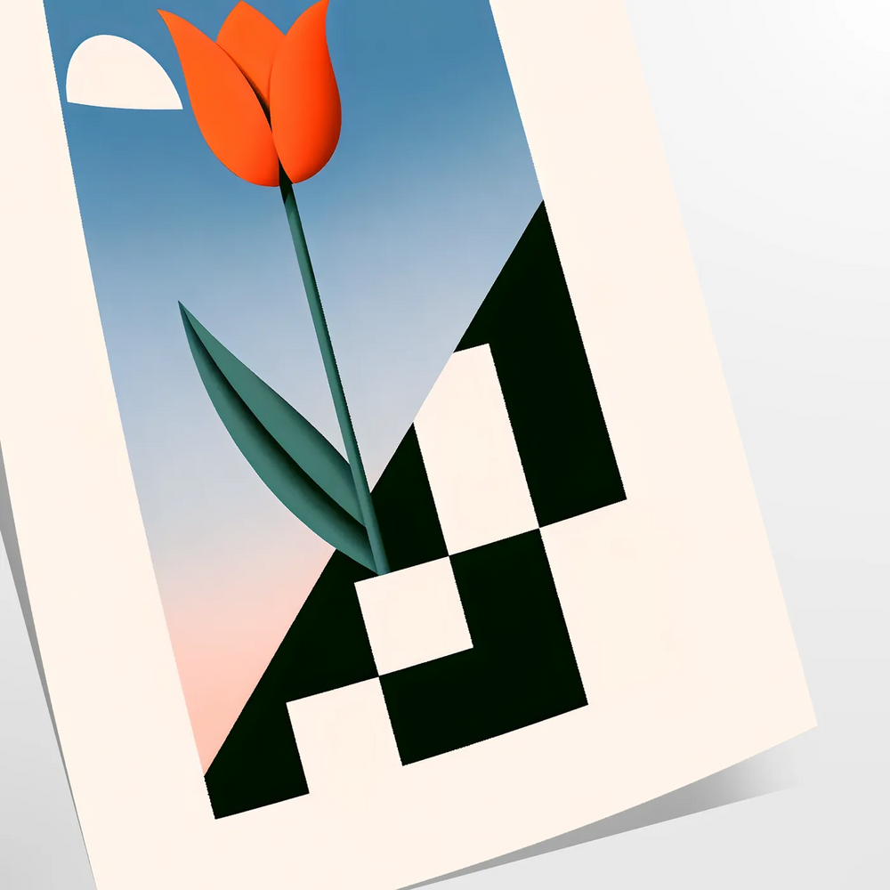 Botanical illustration of flowers in orange and blue tones