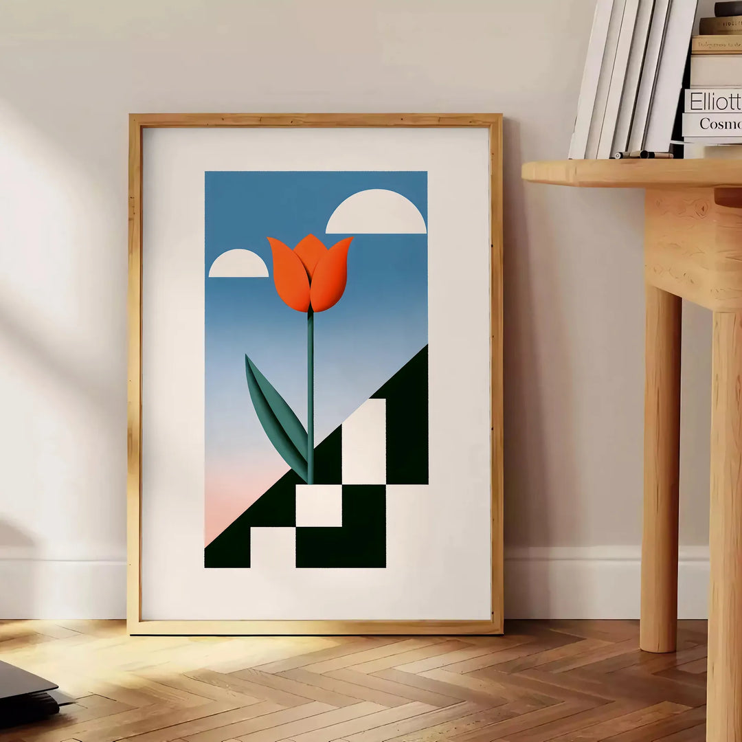 Botanische Illustration von Blumen in Orange- und Blautönen - neben einem runden Beistelltisch aus Holz mit Büchern