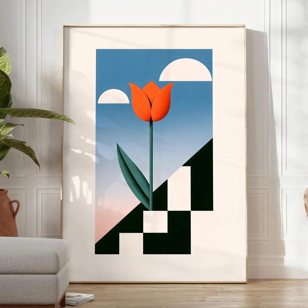 Botanische Illustration von Blumen in Orange- und Blautönen - in einem hellen minimalistischen Raum mit Pflanze und Sessel