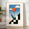 Botanische Illustration von Blumen in Orange- und Blautönen - in einem hellen minimalistischen Raum mit Pflanze und Sessel