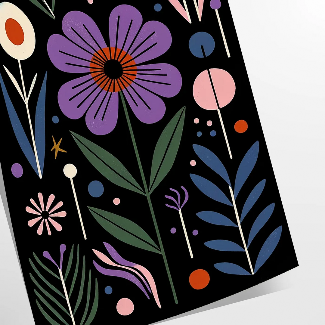 Delicate botanical flowers in a black and green color palette - as a rolled, unframed print