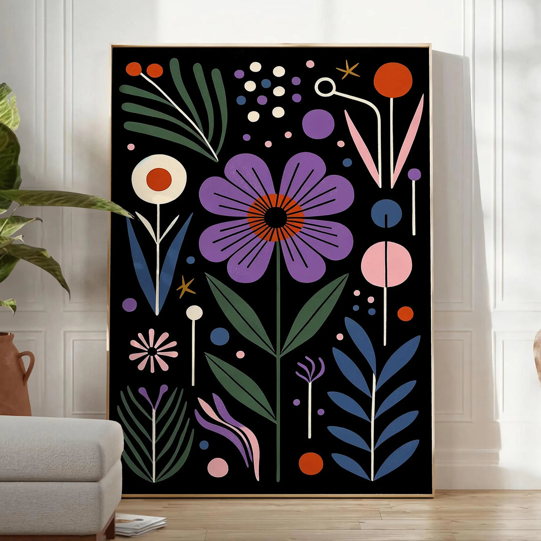 Delicate botanical flowers in a black and green color palette - in a bright minimalist room with a plant and an armchair
