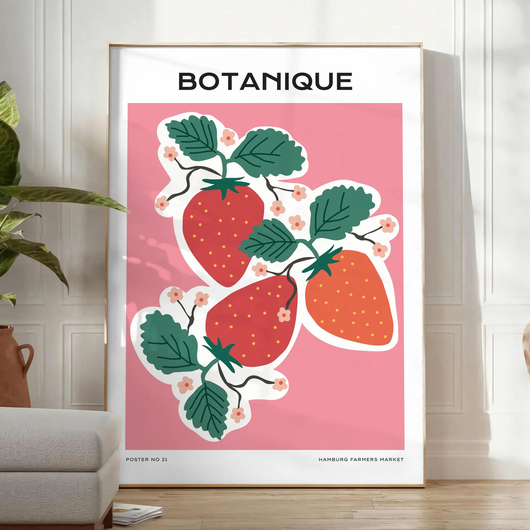 A vintage botanical print featuring orange and blue hues with various plants. - in a bright minimalist room with a plant and an armchair