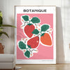 A vintage botanical print featuring orange and blue hues with various plants. - in a bright minimalist room with a plant and an armchair