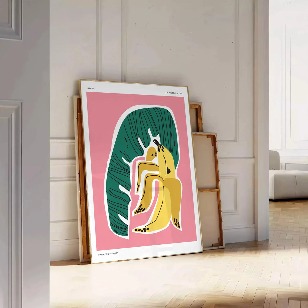 Lush green botanical illustration with vivid orange accents - leaning on a herringbone floor against a white panelled wall
