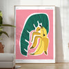 Lush green botanical illustration with vivid orange accents - in a bright minimalist room with a plant and an armchair
