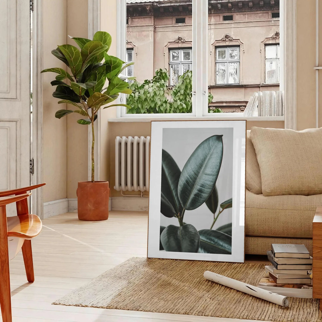 Vintage botanisches Foto mit üppigem grünem Laub vor einem ruhigen blauen Hintergrund - in einem Pariser Wohnzimmer mit Sofa und einer Geigenfeige