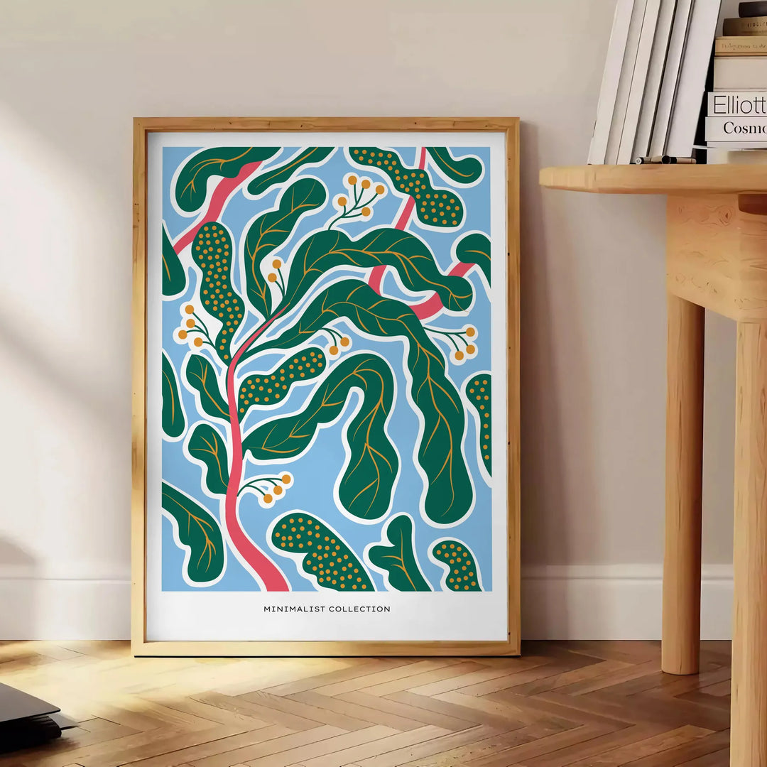 Ilustración botánica vintage con varias plantas verdes sobre un fondo texturizado - junto a una mesa auxiliar redonda de madera con libros