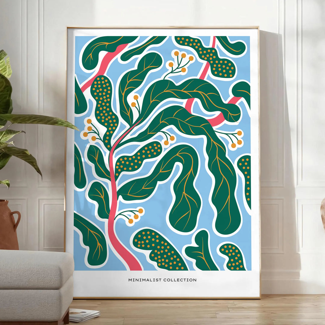 Ilustración botánica vintage con varias plantas verdes sobre un fondo texturizado - en una habitación luminosa y minimalista con planta y sillón