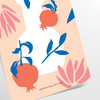 Illustrazione botanica con varie piante in tonalità arancioni e blu