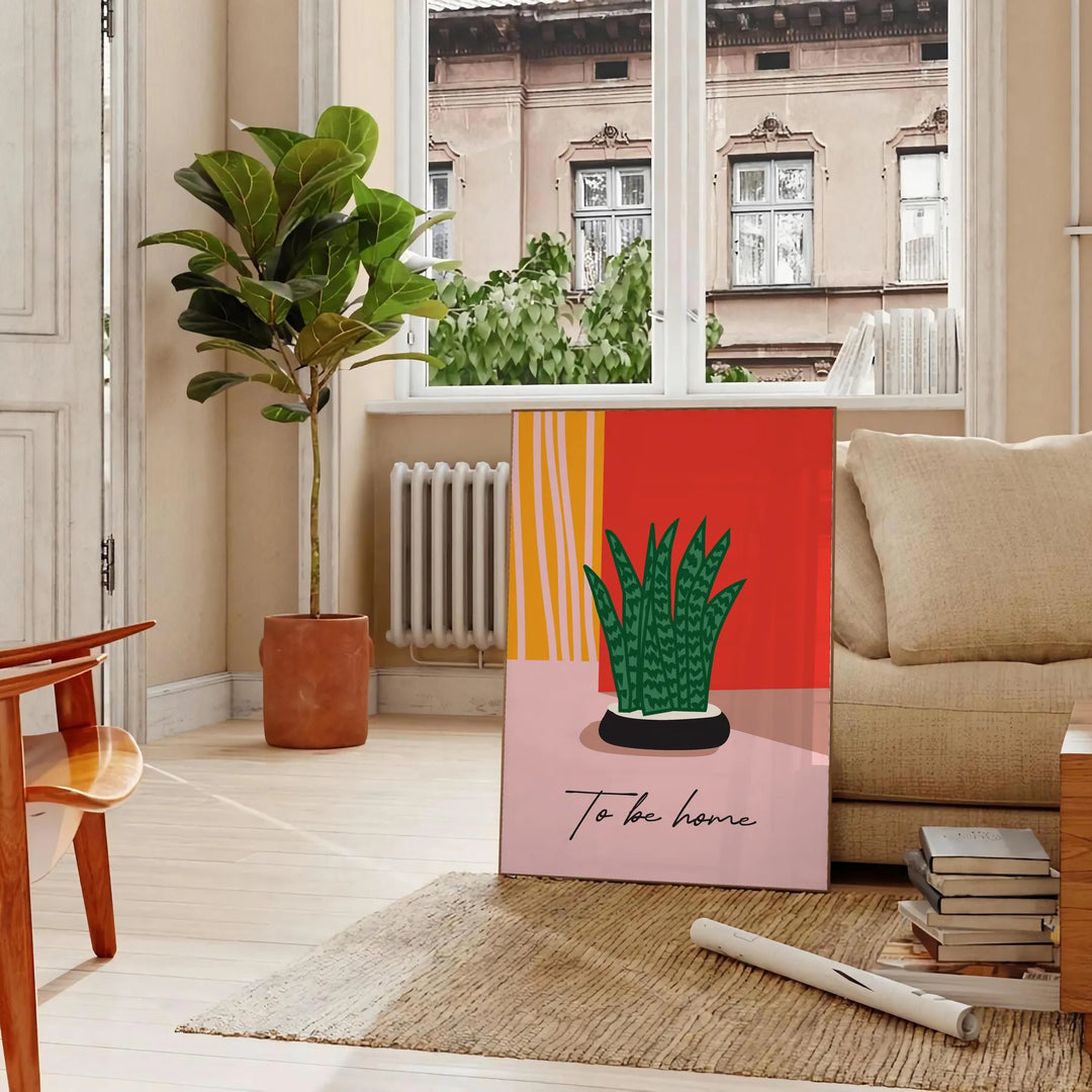 Botanical illustration featuring green leaves and orange flowers on a light background - in a Parisian living room with a sofa and a fig plant