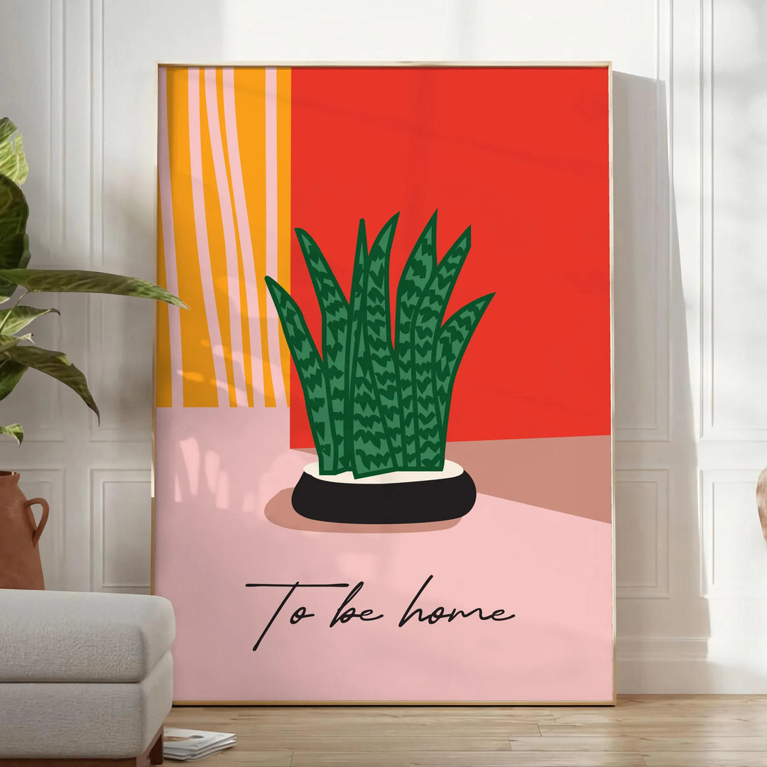 Botanical illustration featuring green leaves and orange flowers on a light background - in a bright minimalist room with a plant and an armchair