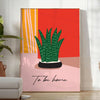 Botanical illustration featuring green leaves and orange flowers on a light background - in a bright minimalist room with a plant and an armchair