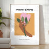 Botanical illustration featuring lush green leaves and vibrant orange flowers - in a bright minimalist room with a plant and an armchair