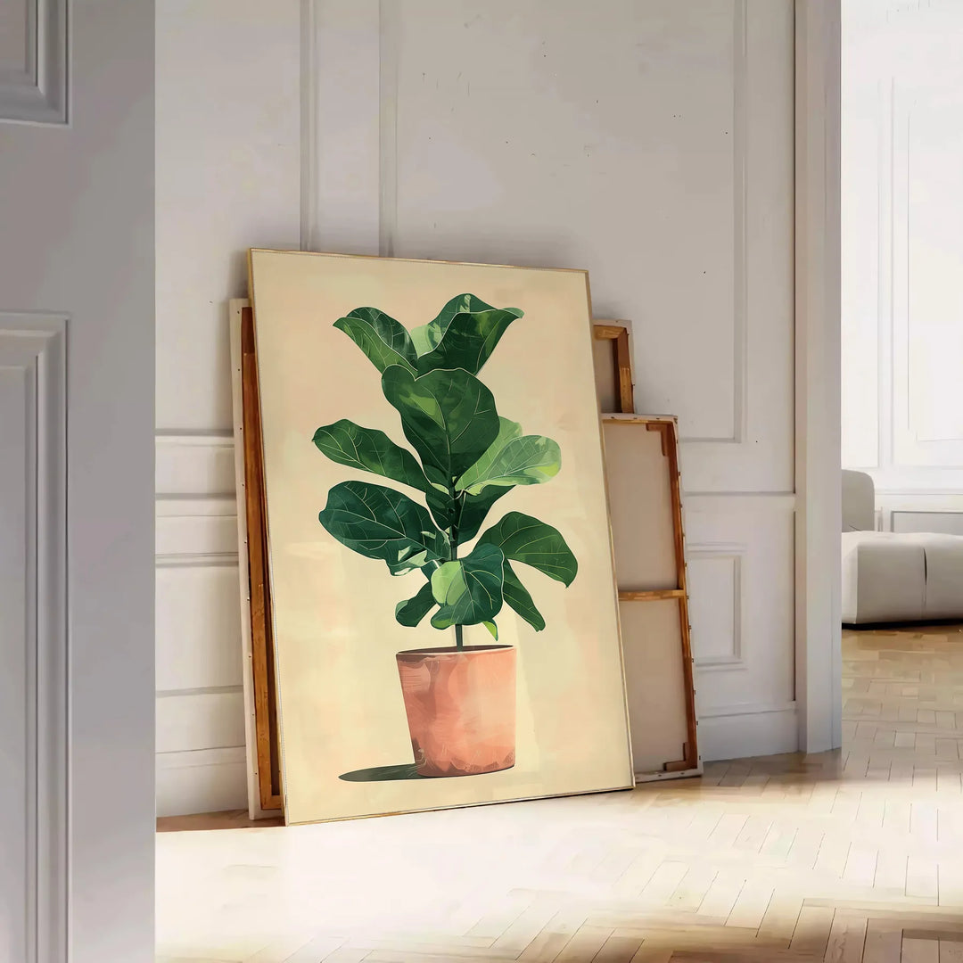 Botanical illustration featuring green leaves and orange flowers on a light background - leaning on a herringbone floor against a white panelled wall