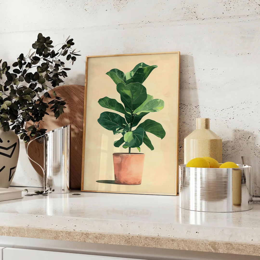Botanical illustration featuring green leaves and orange flowers on a light background - styled on a counter with eucalyptus and a bowl of lemons