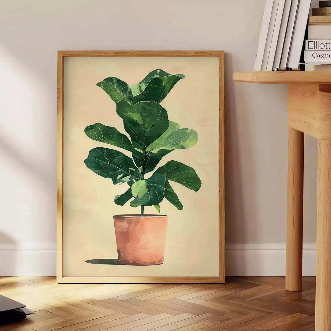 Botanical illustration featuring green leaves and orange flowers on a light background - beside a round wooden side table with books