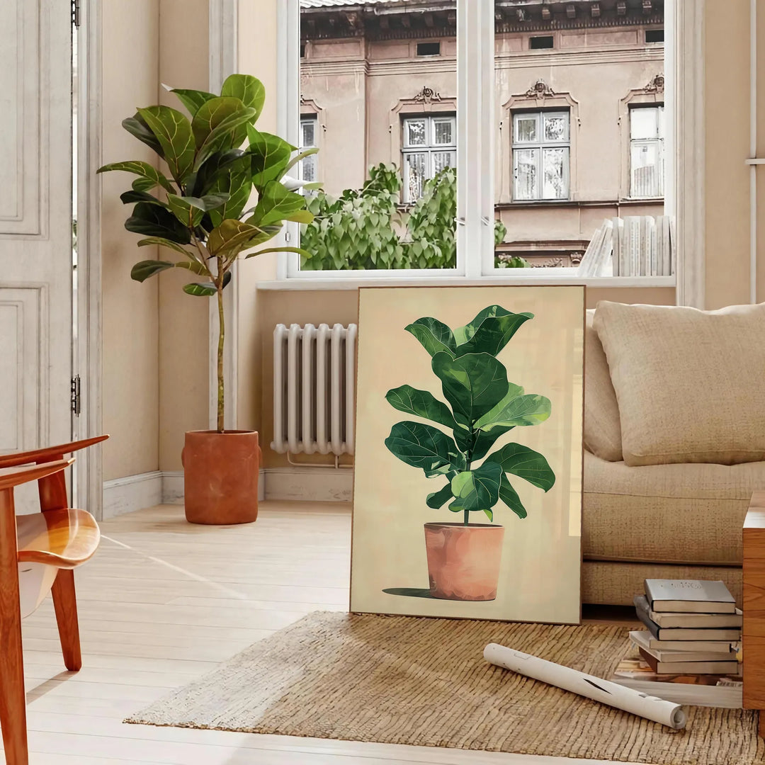 Botanical illustration featuring green leaves and orange flowers on a light background - in a Parisian living room with a sofa and a fig plant