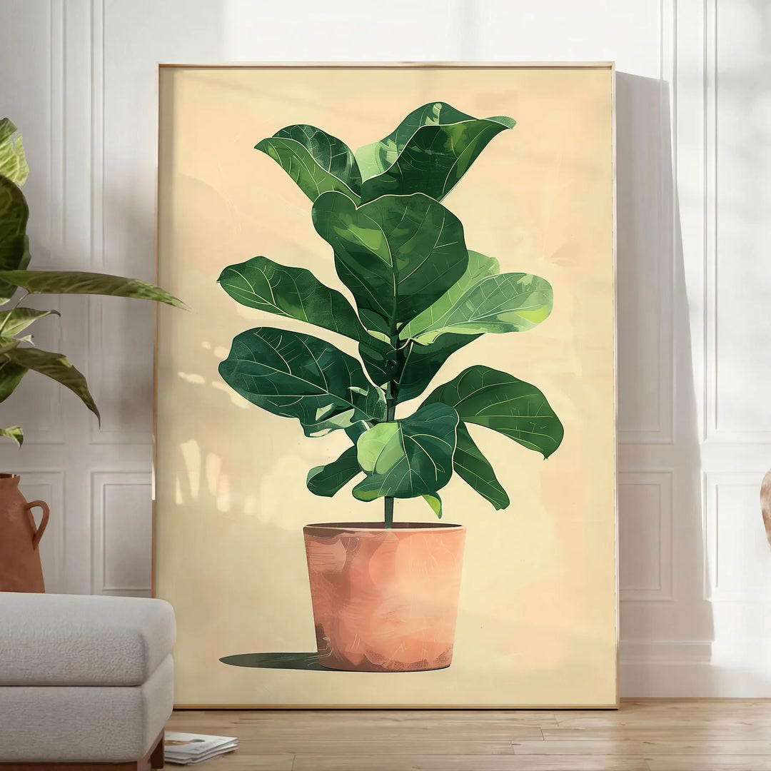 Botanical illustration featuring green leaves and orange flowers on a light background - in a bright minimalist room with a plant and an armchair