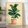Botanical illustration featuring green leaves and orange flowers on a light background - in a bright minimalist room with a plant and an armchair