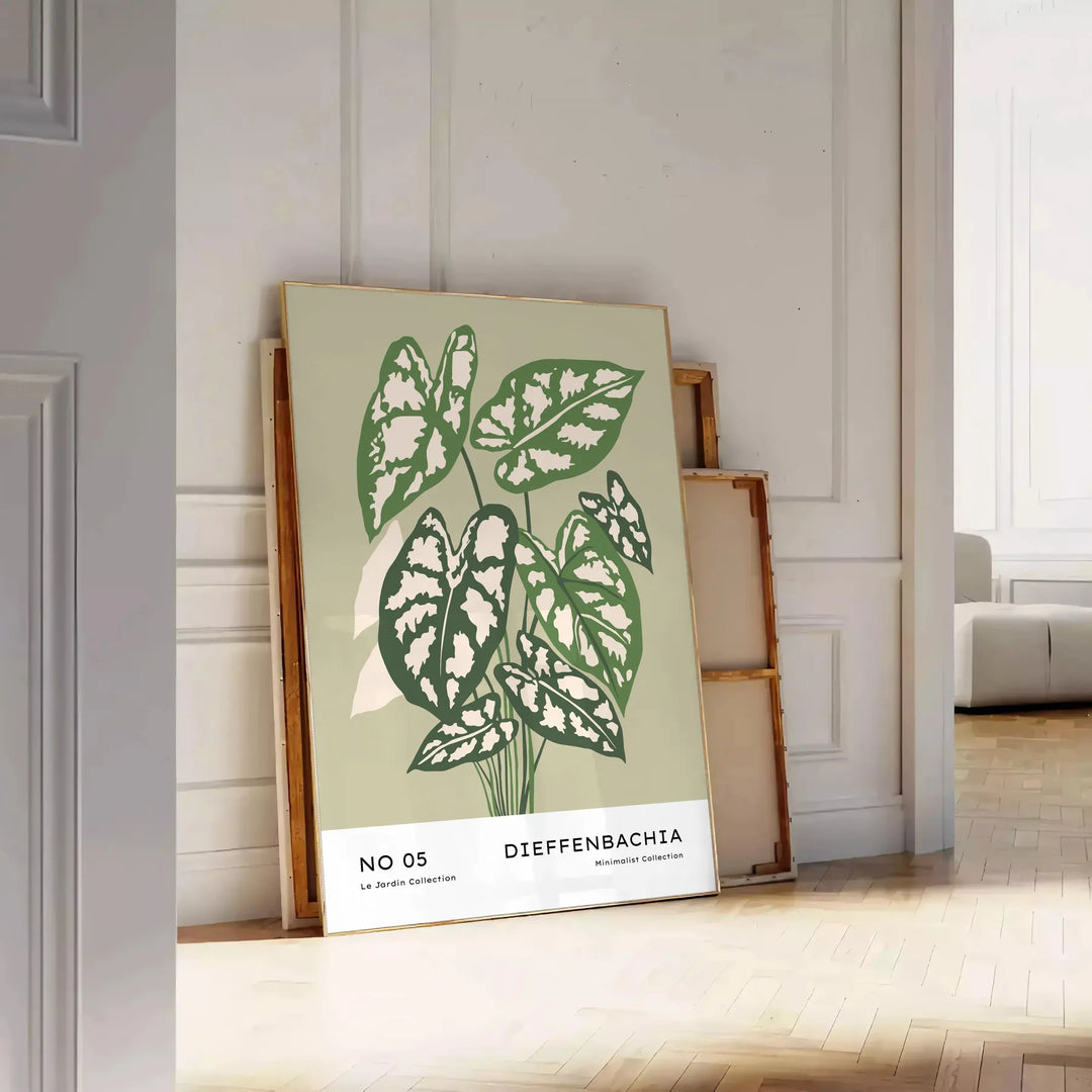 Vintage botanical illustration featuring various plants in gray and brown tones - leaning on a herringbone floor against a white panelled wall