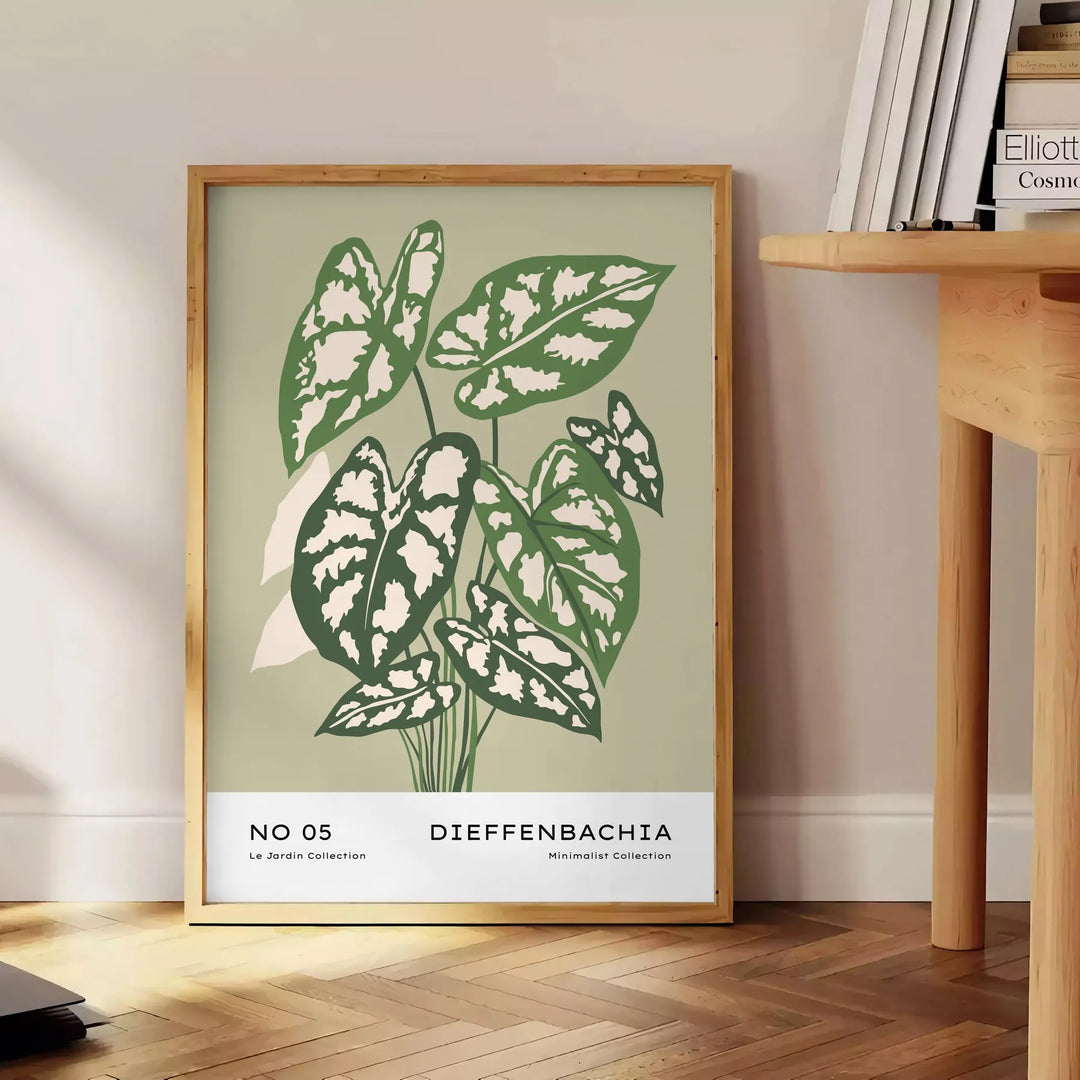 Vintage botanical illustration featuring various plants in gray and brown tones - beside a round wooden side table with books