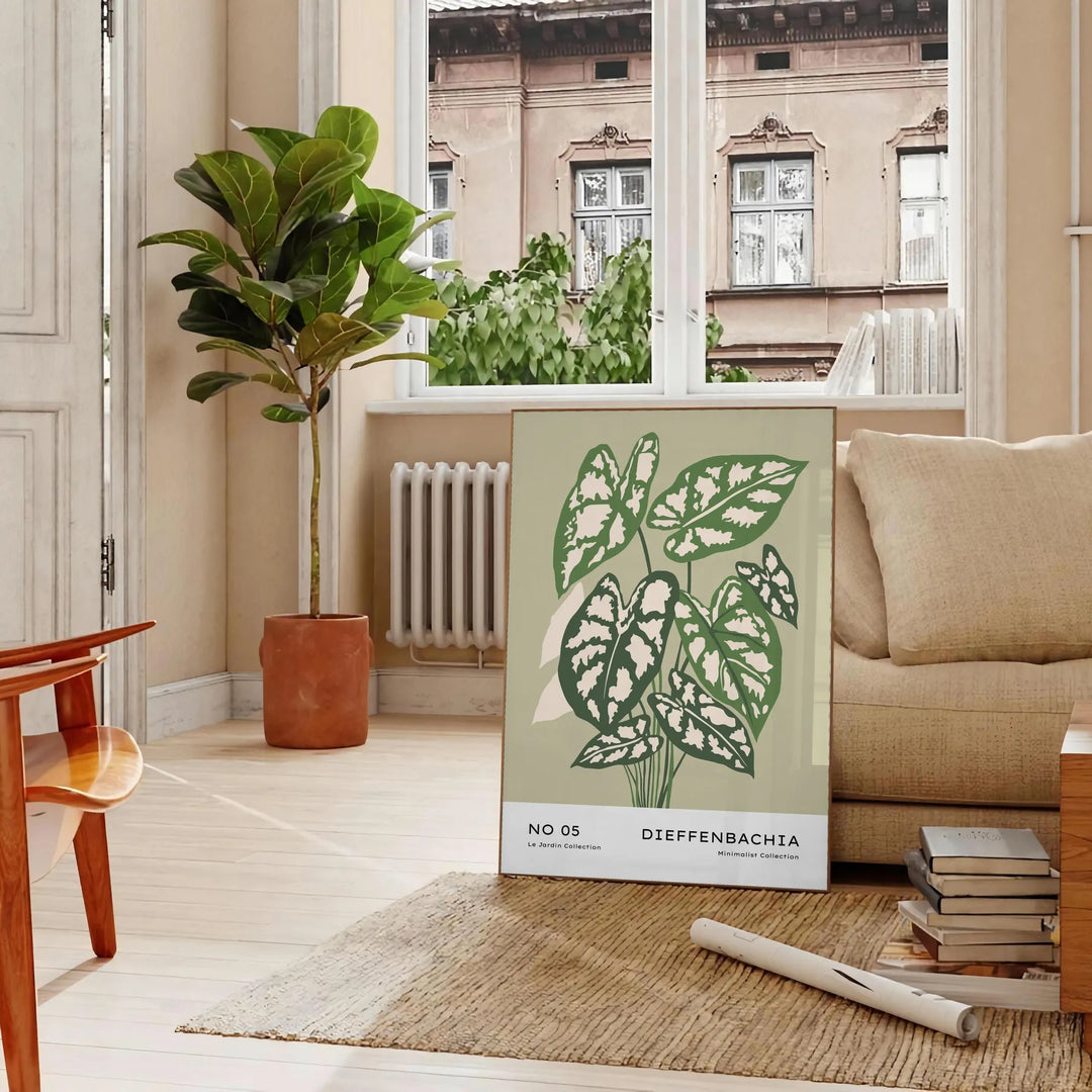 Vintage botanical illustration featuring various plants in gray and brown tones - in a Parisian living room with a sofa and a fig plant