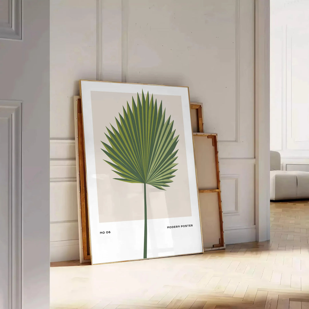 Vintage botanical illustration featuring orange and gray tones with detailed plant designs - leaning on a herringbone floor against a white panelled wall