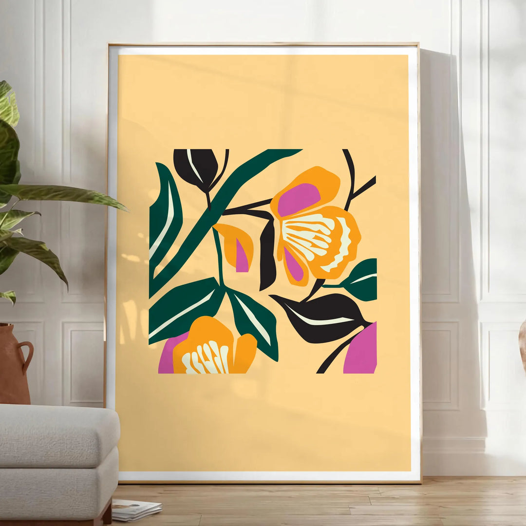 Botanical print featuring yellow flowers with bold black details - in a bright minimalist room with a plant and an armchair