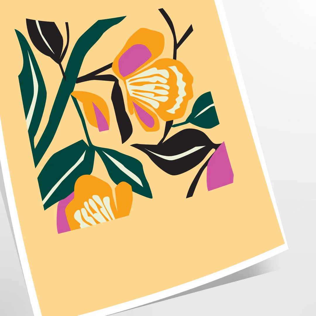 Botanical print featuring yellow flowers with bold black details