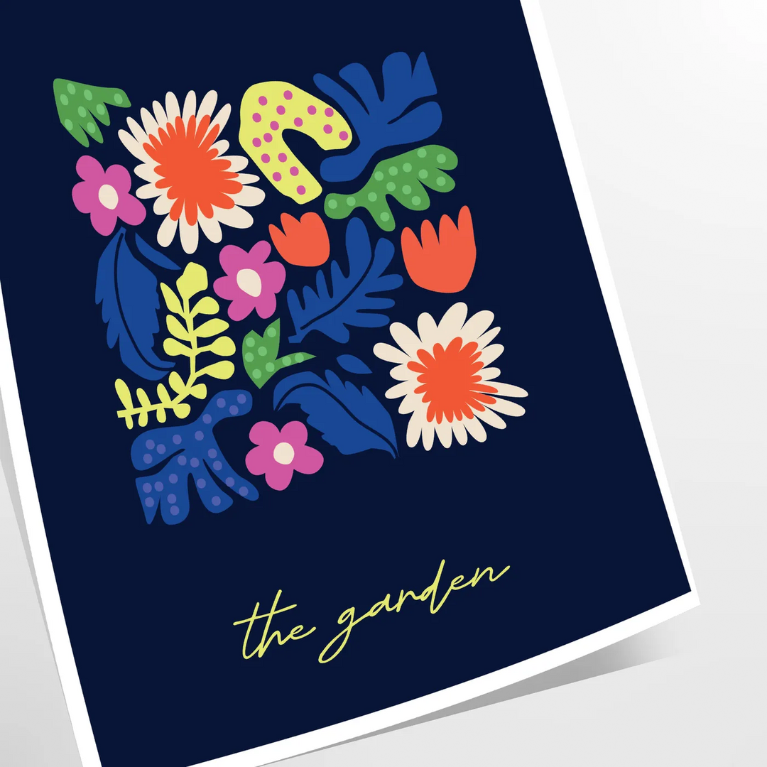 Botanical print featuring lush green plants against a sleek black background