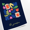 Botanical print featuring lush green plants against a sleek black background