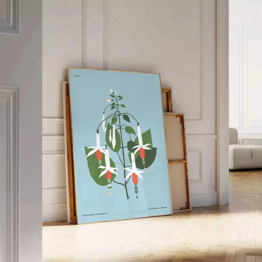 Botāniska ilustrācija ar dažādiem zaļiem augiem uz maiga zilo pelēko fona - atbalstīts uz skujiņas grīdas pie baltas paneļu sienas