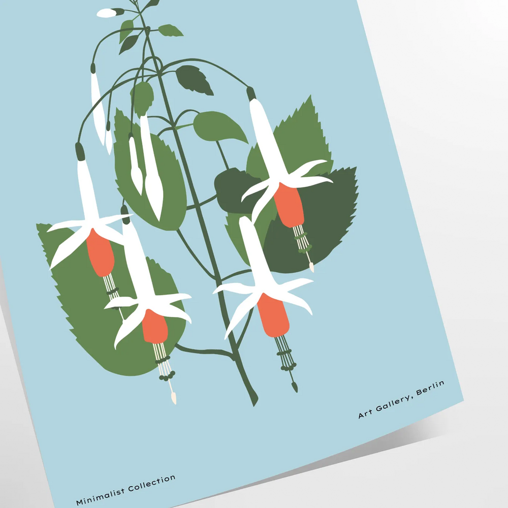 Botanical illustration featuring various green plants on a soft blue-gray background