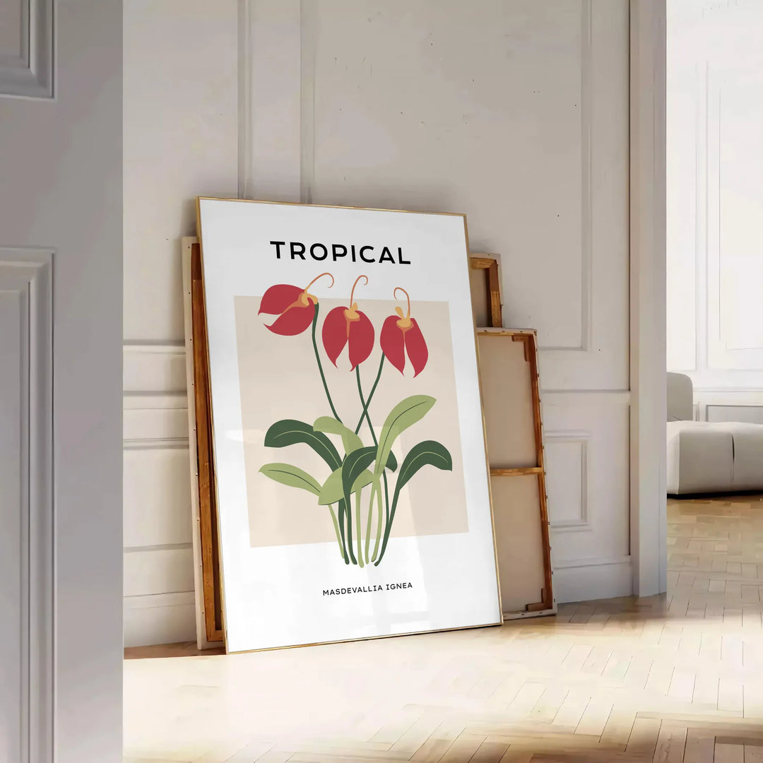 Illustrazione botanica vintage con piante arancioni e grigie - appoggiato su un pavimento a spina di pesce contro una parete a pannelli