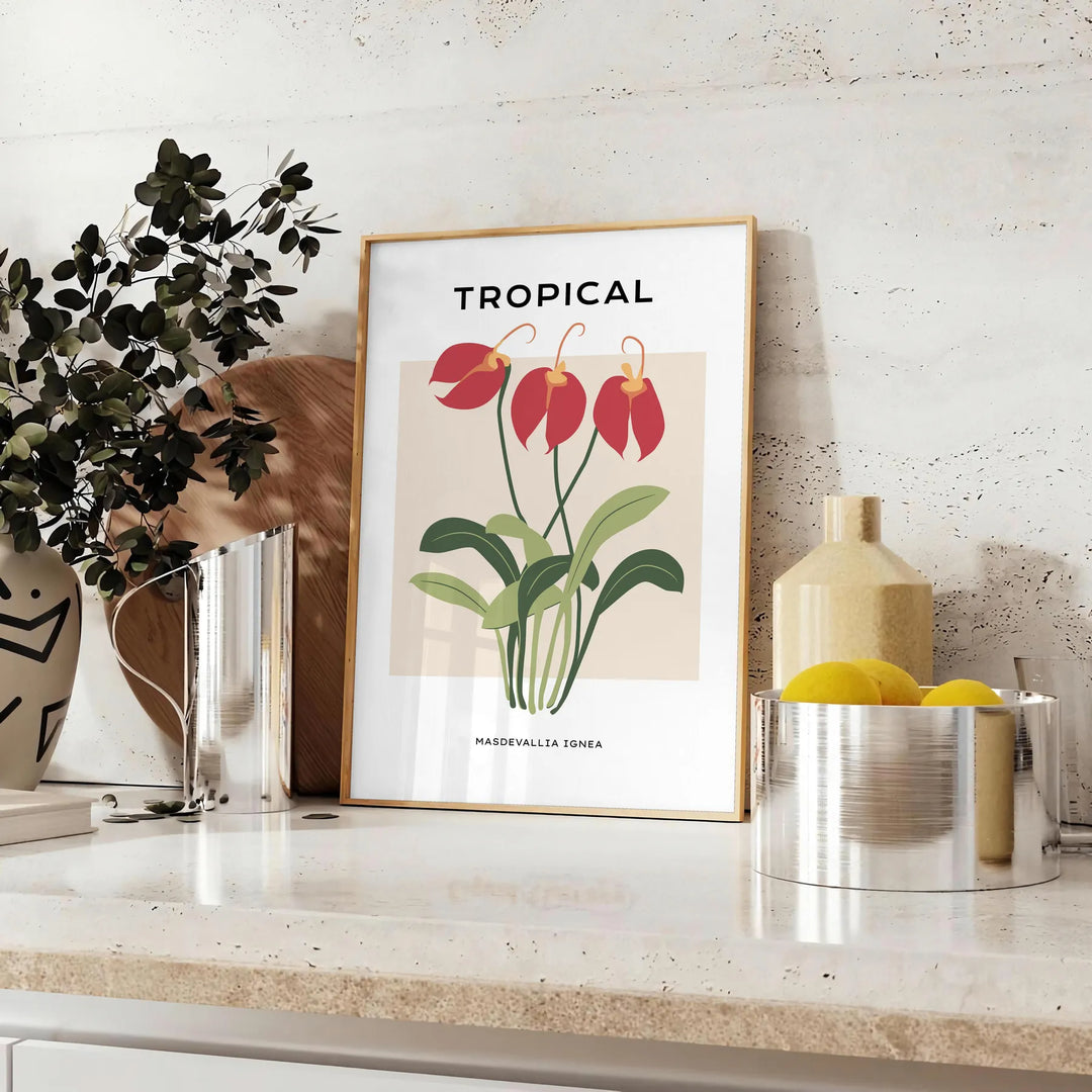 Illustrazione botanica vintage con piante arancioni e grigie - su un piano con eucalipto e una ciotola di limoni