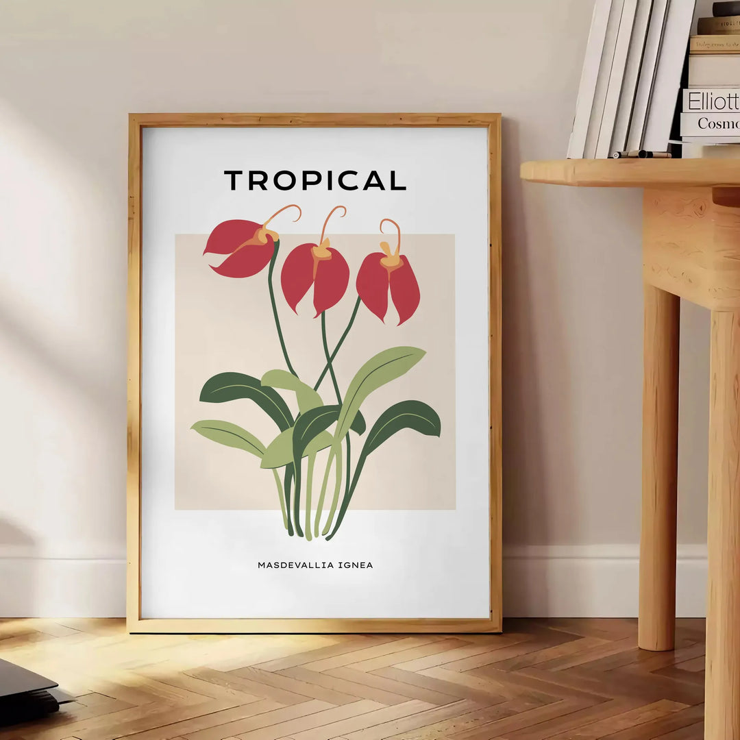 Illustrazione botanica vintage con piante arancioni e grigie - accanto a un tavolino rotondo in legno con libri