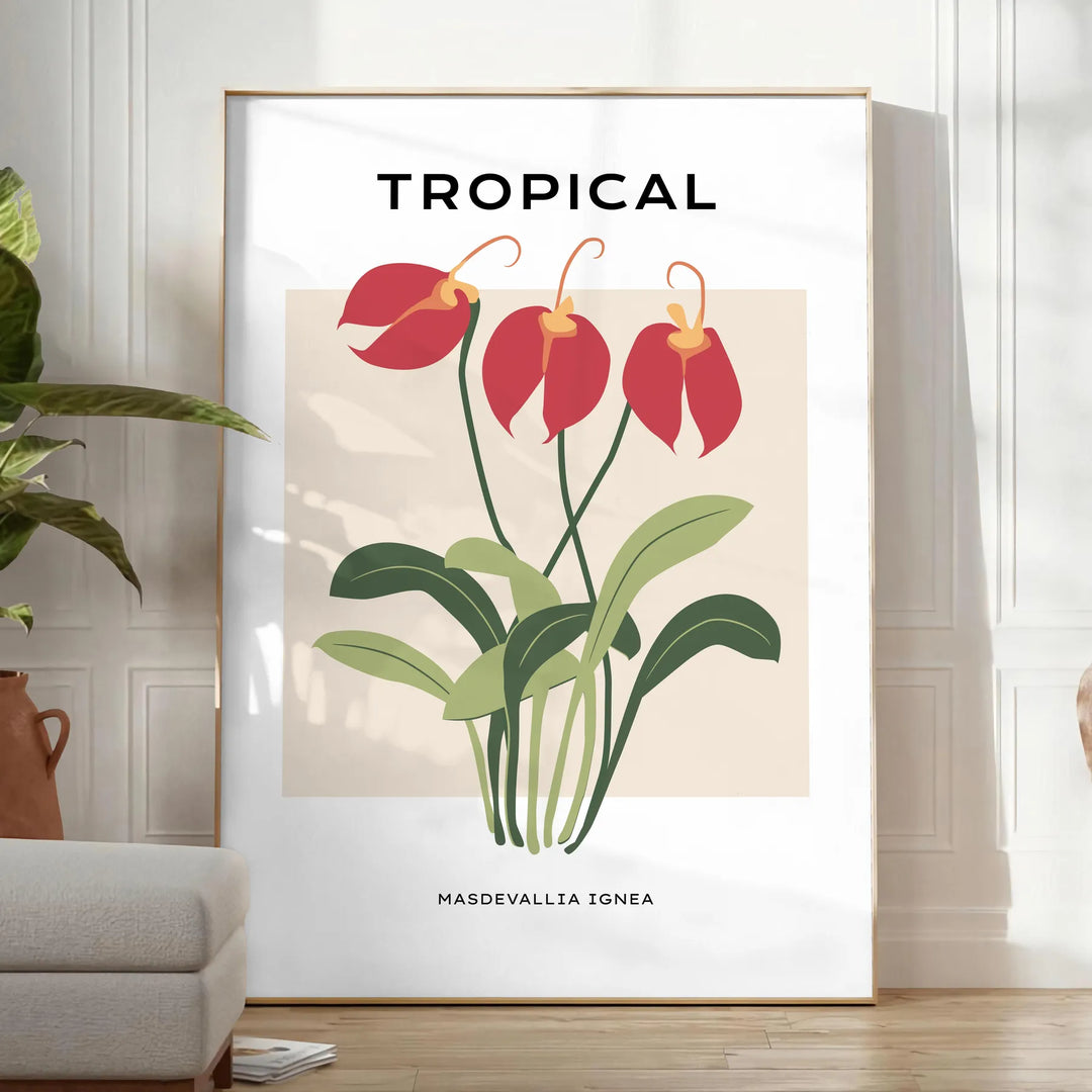 Illustrazione botanica vintage con piante arancioni e grigie - in una stanza luminosa e minimalista con pianta e poltrona