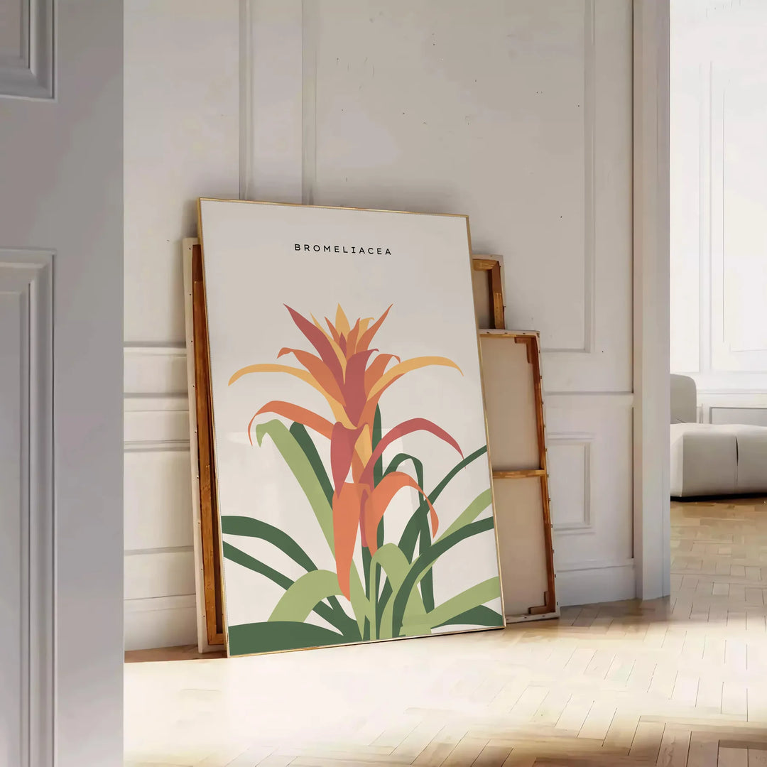 Ilustración botánica vintage con plantas naranjas y grises sobre un fondo texturizado - apoyado en un suelo de espiga contra una pared de molduras
