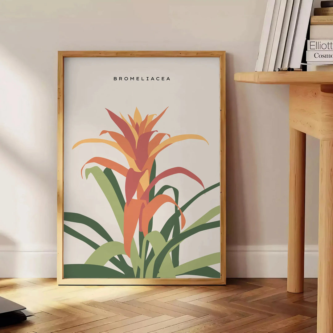 Ilustración botánica vintage con plantas naranjas y grises sobre un fondo texturizado - junto a una mesa auxiliar redonda de madera con libros