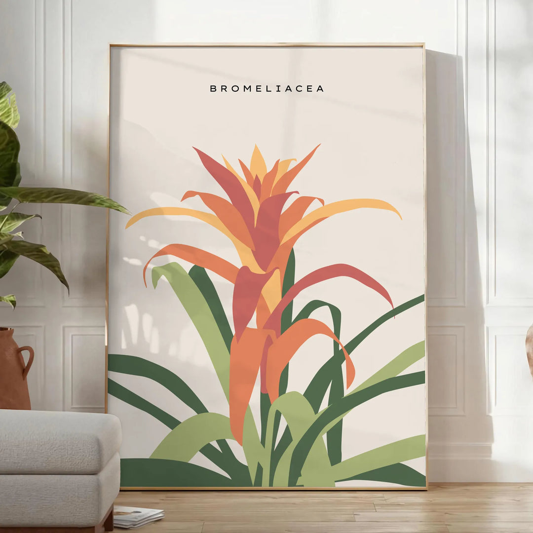 Ilustración botánica vintage con plantas naranjas y grises sobre un fondo texturizado - en una habitación luminosa y minimalista con planta y sillón
