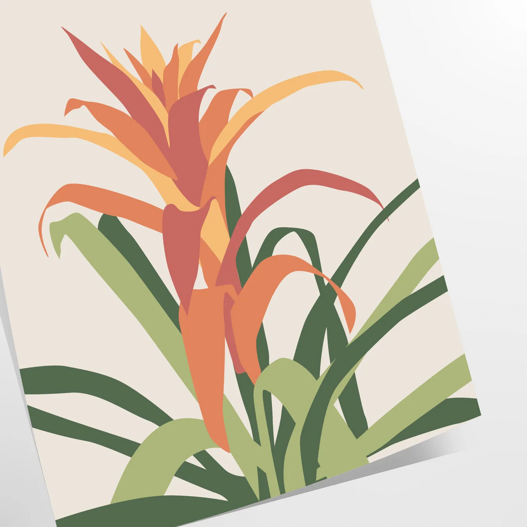 Ilustración botánica vintage con plantas naranjas y grises sobre un fondo texturizado