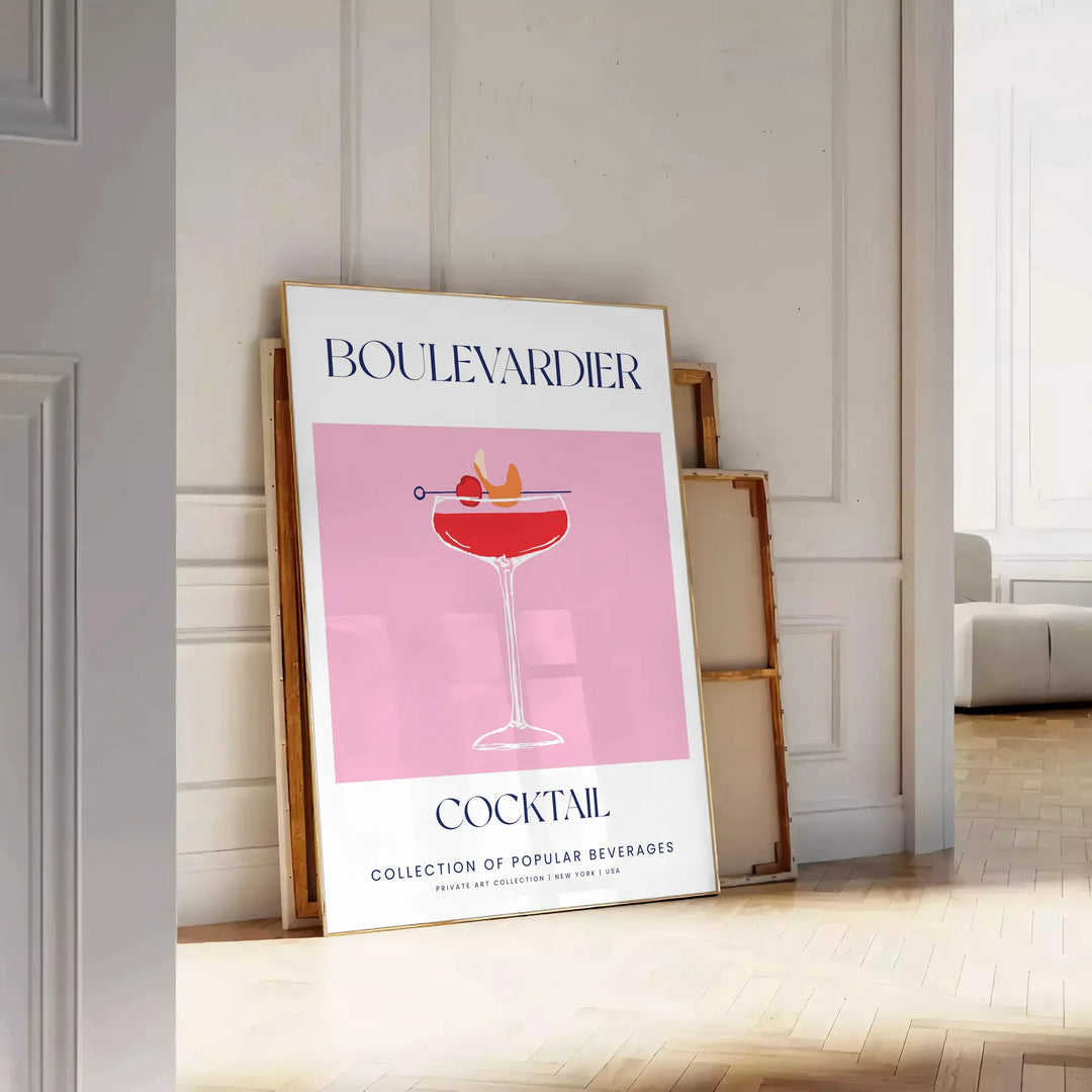 Illustration of a Boulevardier cocktail with orange and blue accents - leaning on a herringbone floor against a white panelled wall