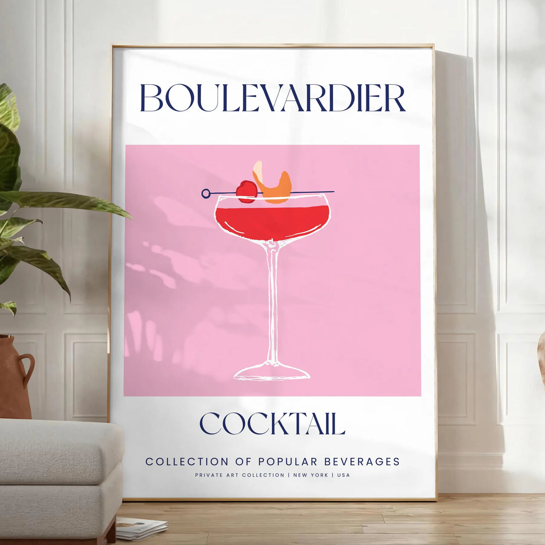 Illustration of a Boulevardier cocktail with orange and blue accents - in a bright minimalist room with a plant and an armchair