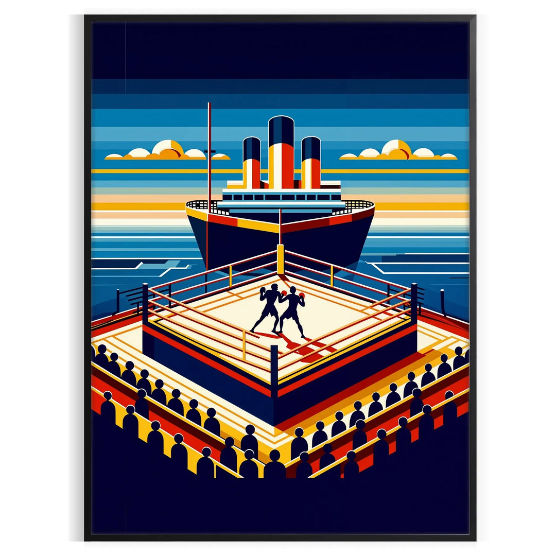 A boxing match taking place on the Titanic, featuring dynamic movement and shades of brown and blue